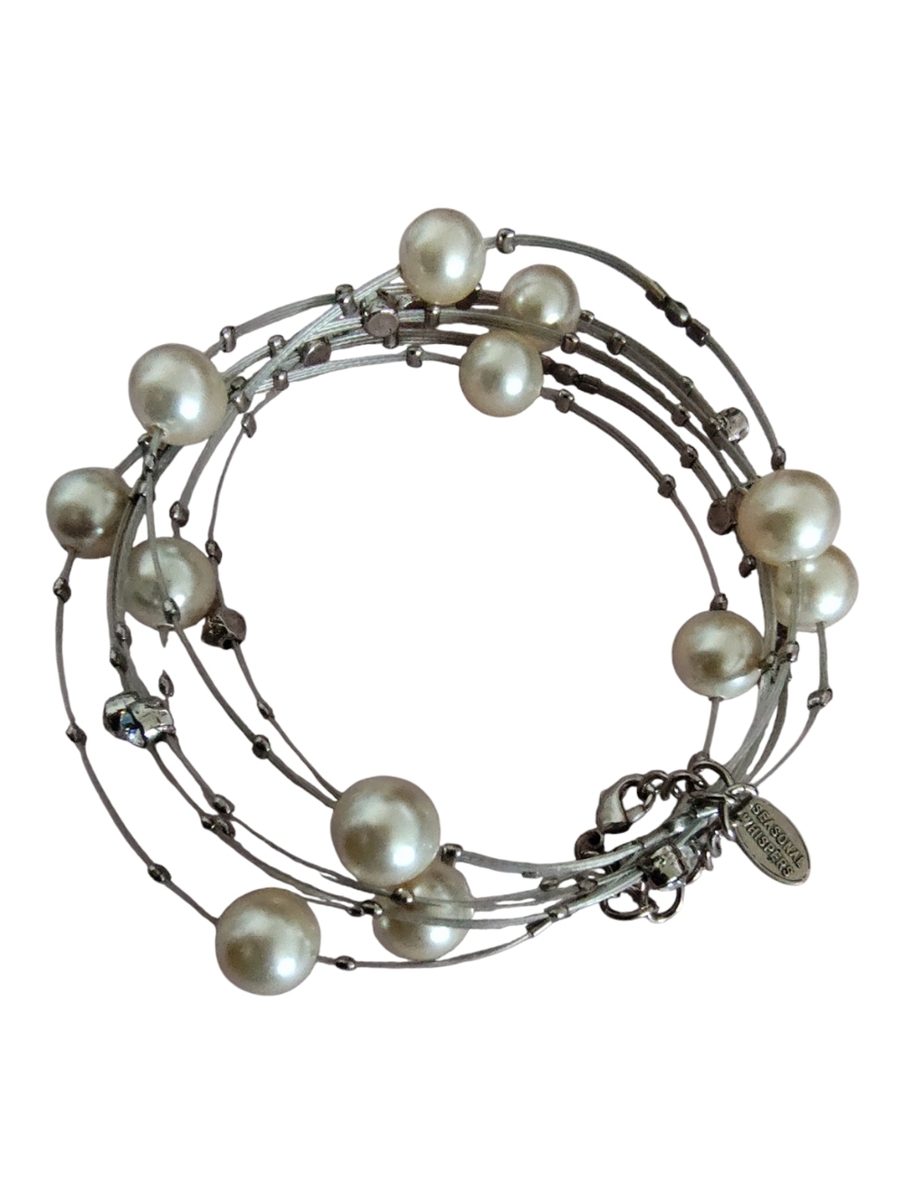 Seasonal Whispers Multi Strand Faux Pearl Bracelet Silver Tone Rhinestone Accent - Picture 4 of 5